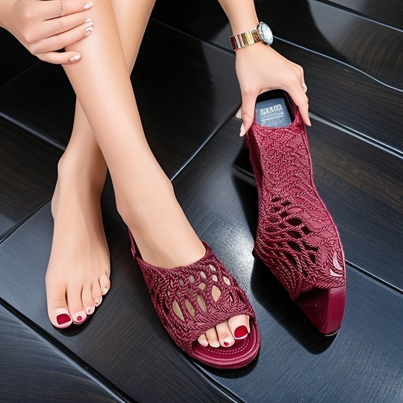 Ayollar uchun yuqori-poshnali tikanli sandallar ochiq-oyoq slip-on taqish uchun qattiq yopilmagan yozgi qora PVC