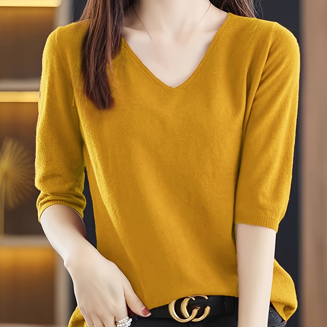 Women's V-Neck Sweater Solid Color Half Sleeve Knit Top for Spring Fall
