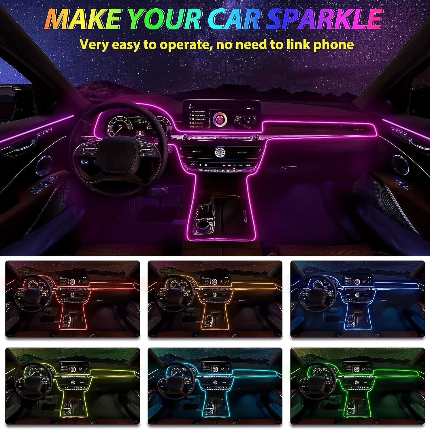 7-Color Car Interior LED Strip Lights Neon RGB USB Fiber Optic Decoration