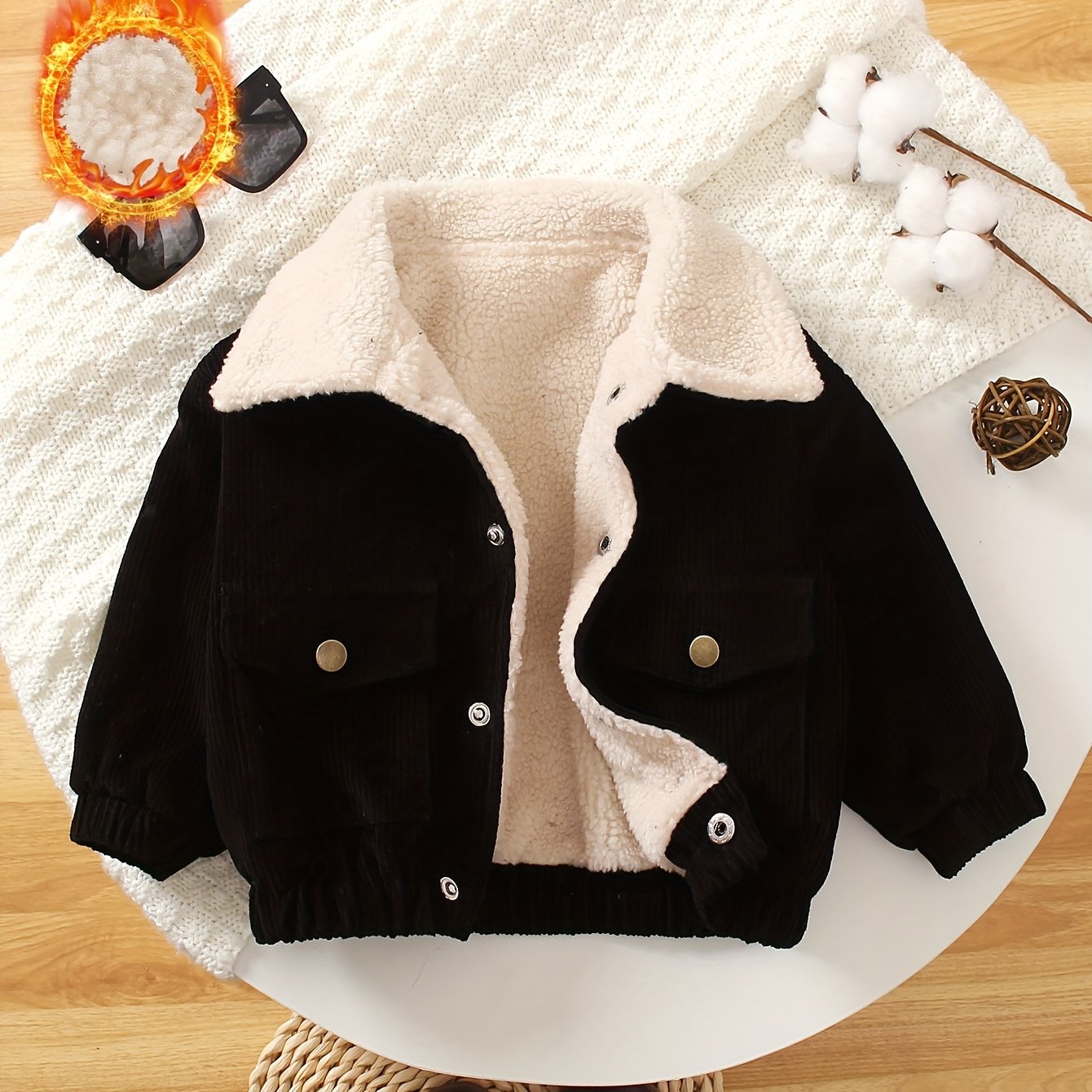 Baby Boy Corduroy Jacket with Fuzzy Lining, Button Front, Turndown Collar for Fall Winter Outdoor