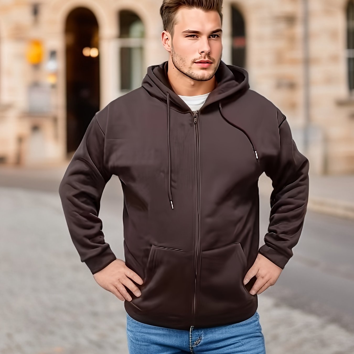 Sudadera de talla grande en marrón oscuro para hombres con bolsillos con cierre de cremallera y mezcla de poliéster