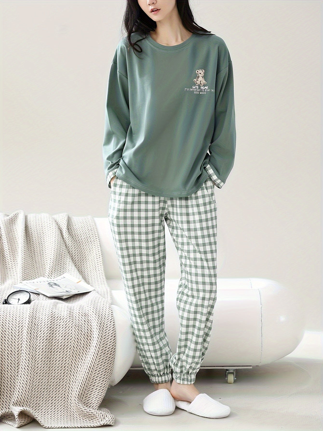 Women's Cotton Pajama Set with Cartoon Print Top and Checkered Pants for Spring Fall