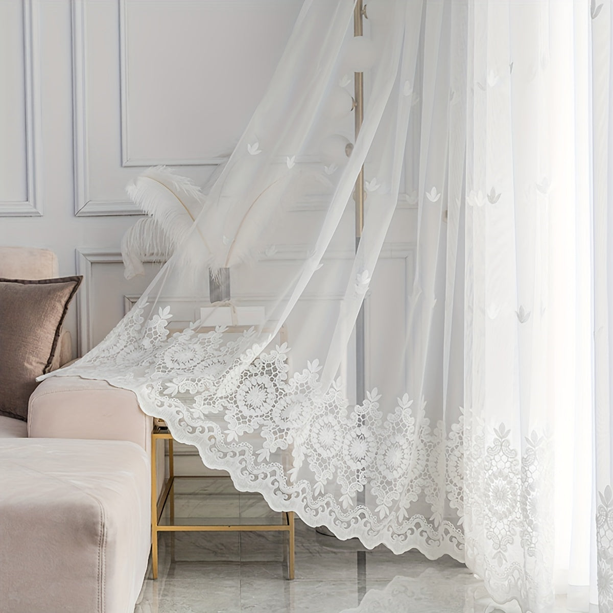 Set of 2 White Flower Embroidery Yarn Curtains for Living Room Bedroom Balcony