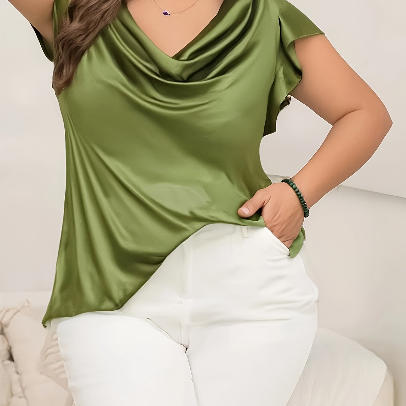 Plus Size Womens V-Neck Blouse with Puff Sleeves Lightweight Summer Top