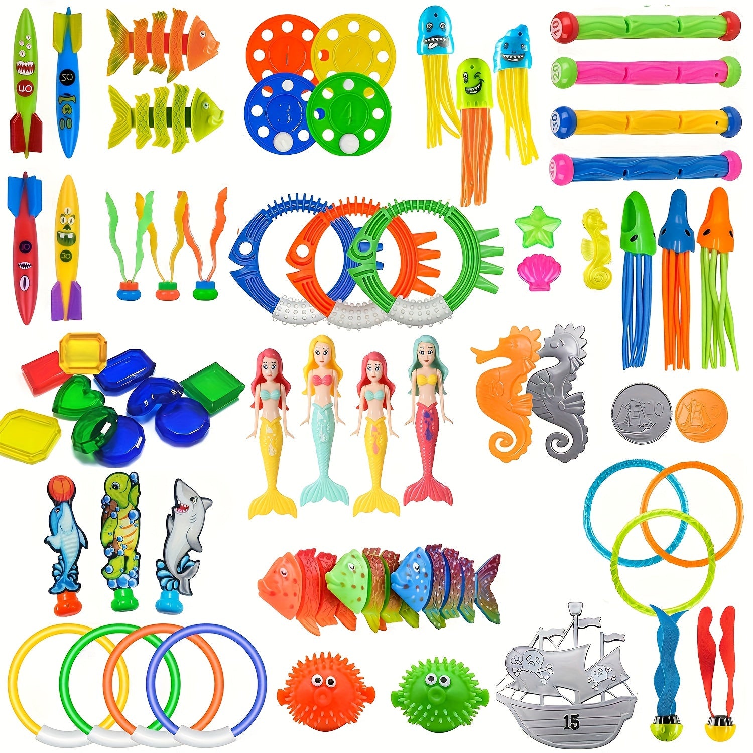 Children's Pool Toy Set with Underwater Swim Games PVC Beach Dive Sticks Rings and Treasure Toys