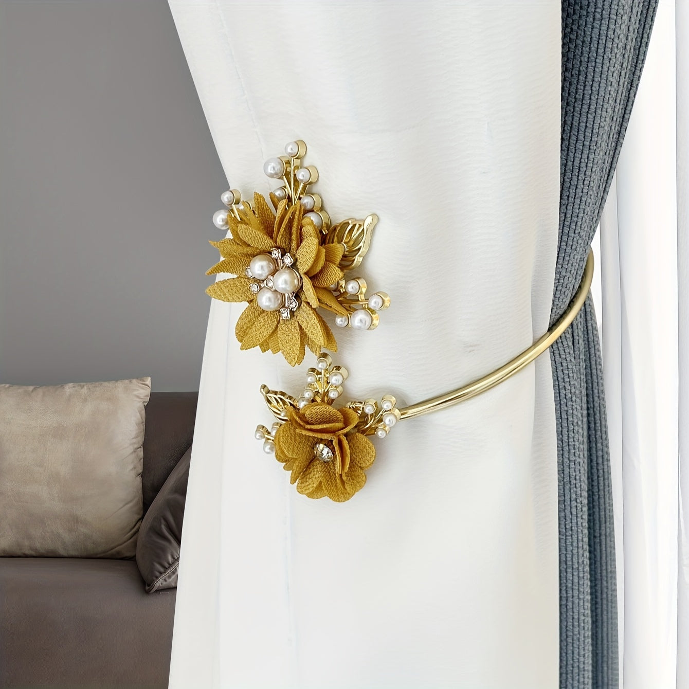 Metal Curtain Tieback with Faux Pearls for Living Room and Bedroom Decor