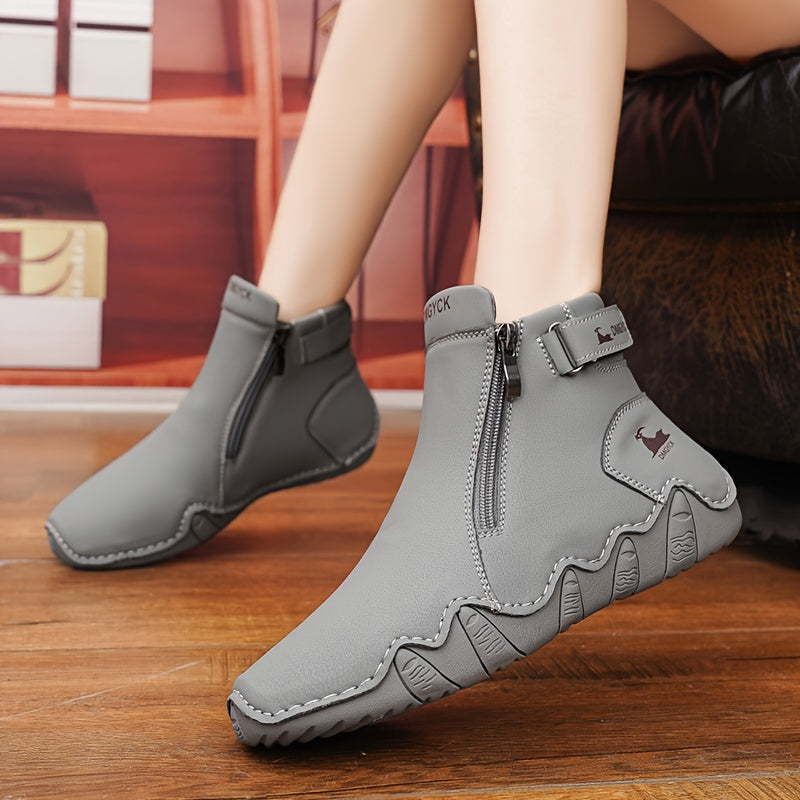 Zapatos casuales de color sólido para mujer con cremallera lateral y hebilla