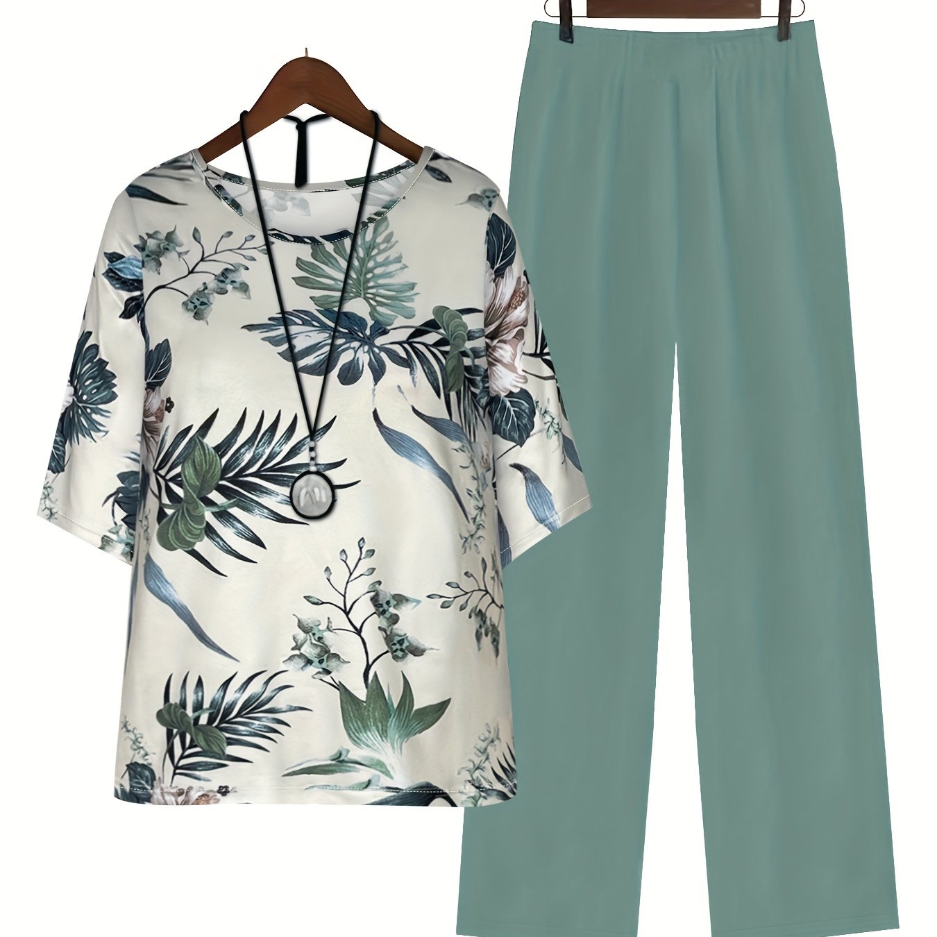 Women's Floral Print Two-Piece Set with Wide-Leg Pants and Crew Neck Top