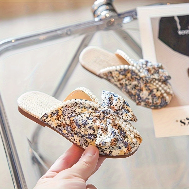 Girls Floral Fabric Indoor Shoes with Pearl Decor Non-Slip Sole