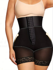 High Waist Shapewear Shorts Solid Color with Contrast Lace Adjustable Waist Nylon Spandex