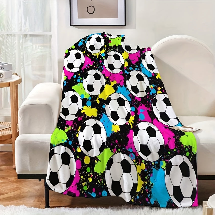 Reversible Flannel Fleece Blanket with Soccer Ball Print for Bed Sofa Use