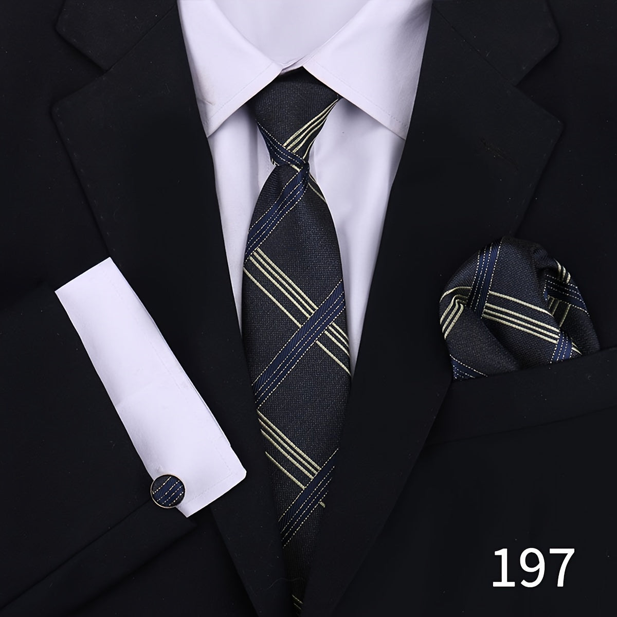 Men's Plaid Tie Set with Cufflinks and Handkerchief for Wedding and Formal Wear