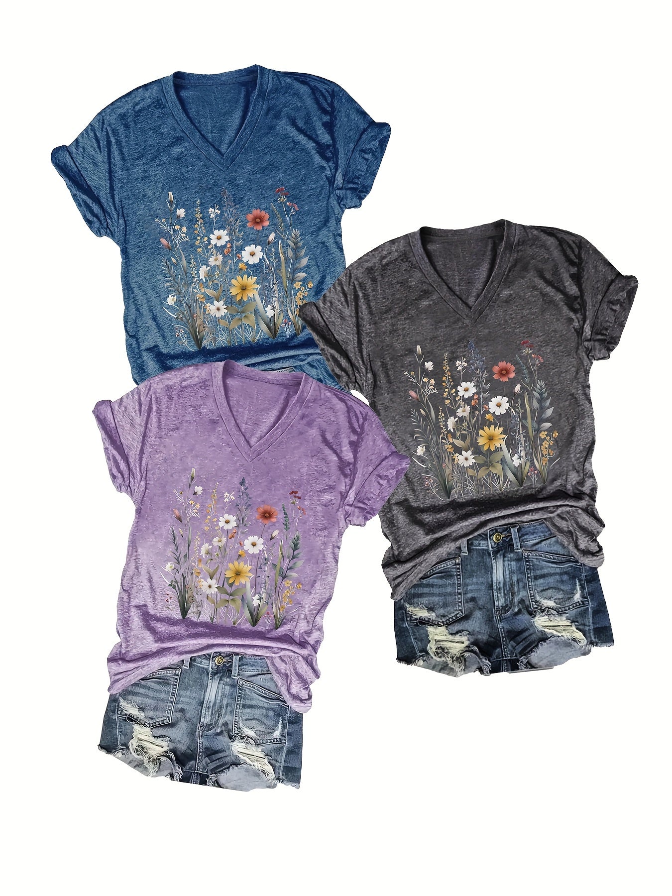 Women's Printed V-Neck T-Shirts Short Sleeve Spring Summer Pack of 3