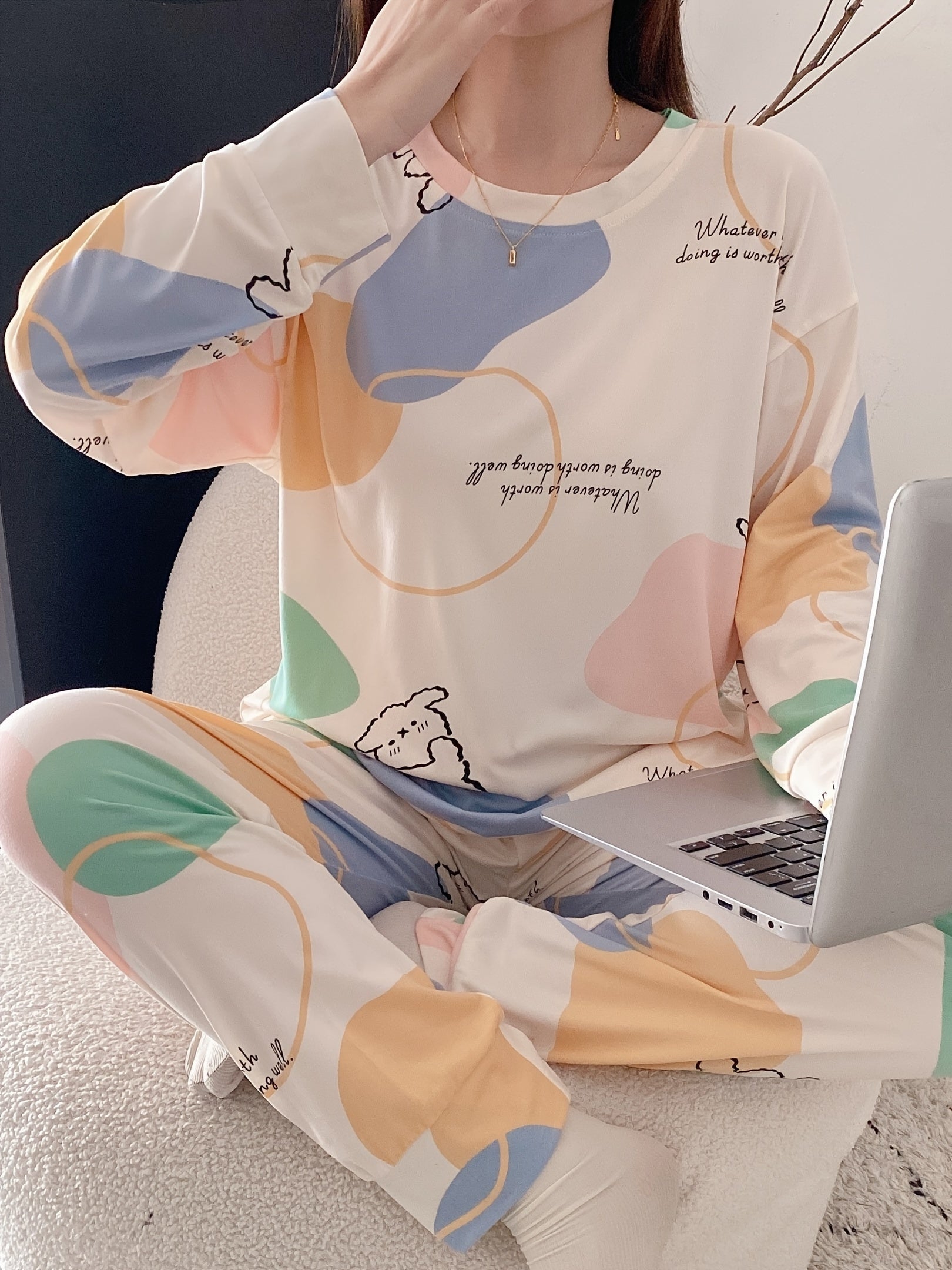 Women's Letter Print Pajama Set Long Sleeve Cozy Fall Lounge Sleepwear