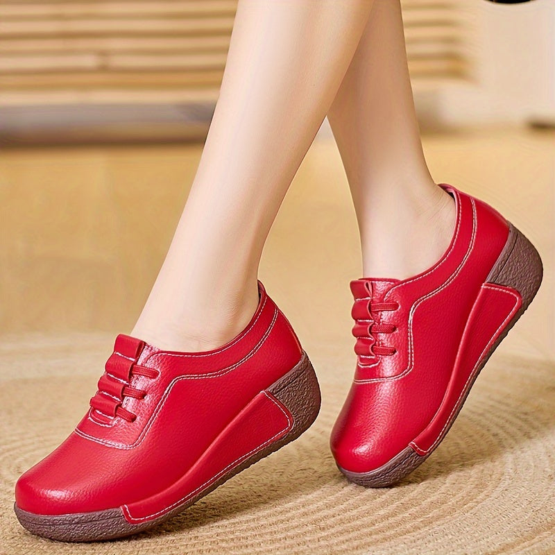 Women's Solid Color Lace-Up Casual Shoes with Soft Sole and Platform