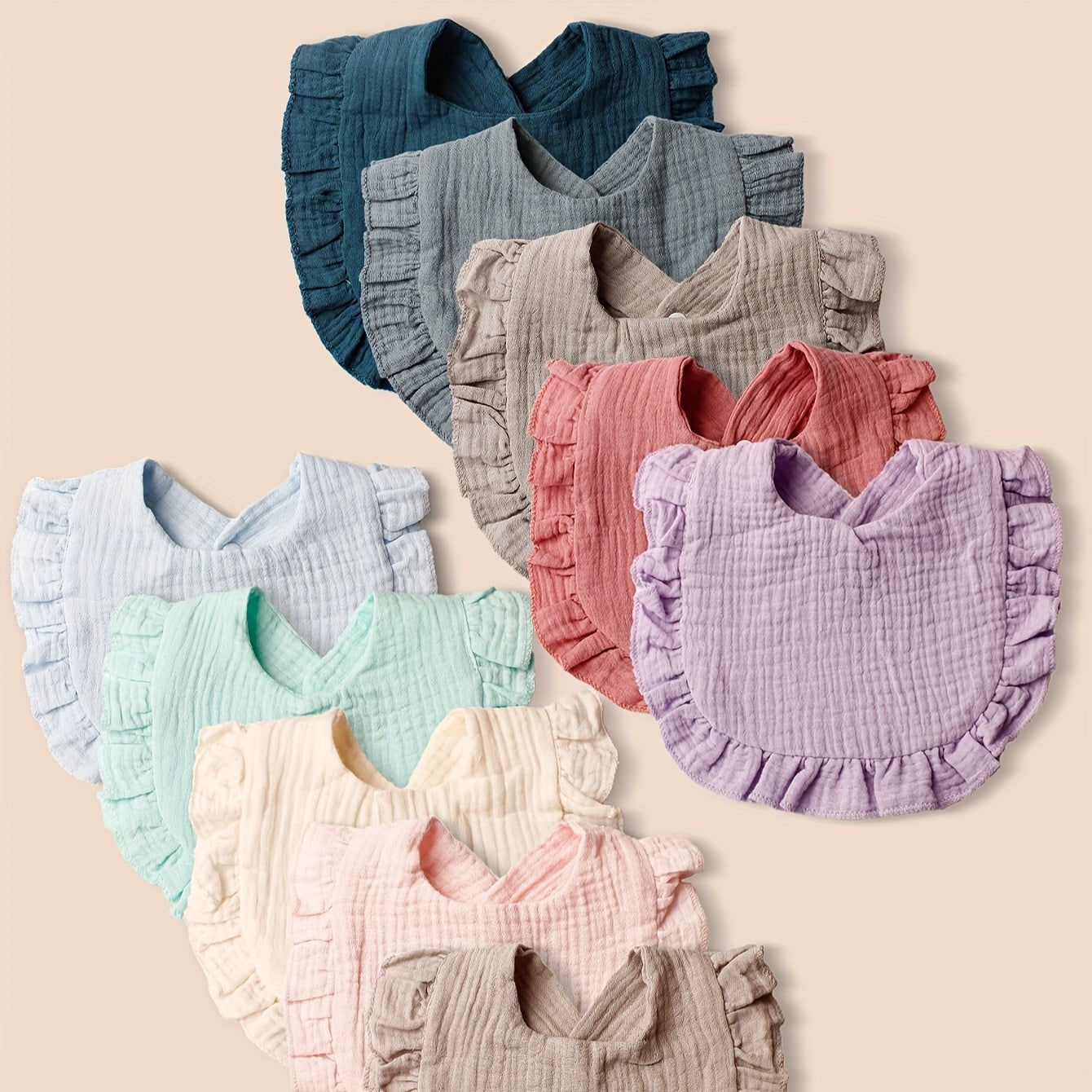 10-Pack Baby Bibs with Lace Trim Non-Waterproof Woven Polyester Snap Closure Solid Colors