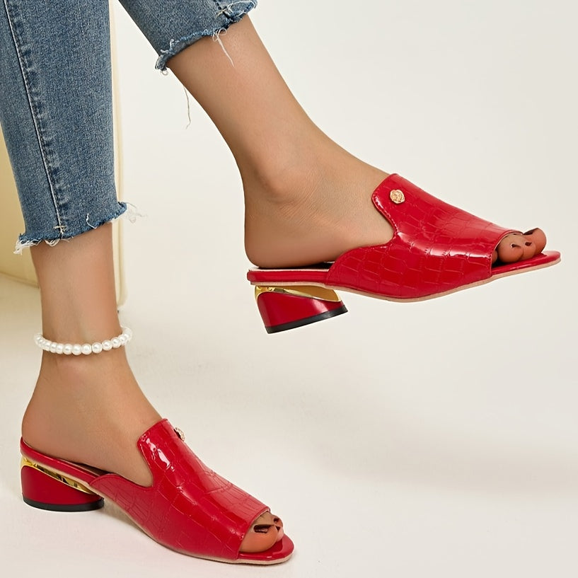 Women's Crocodile Pattern Chunky Heel Sandals Open Toe Slip-On Casual Shoes