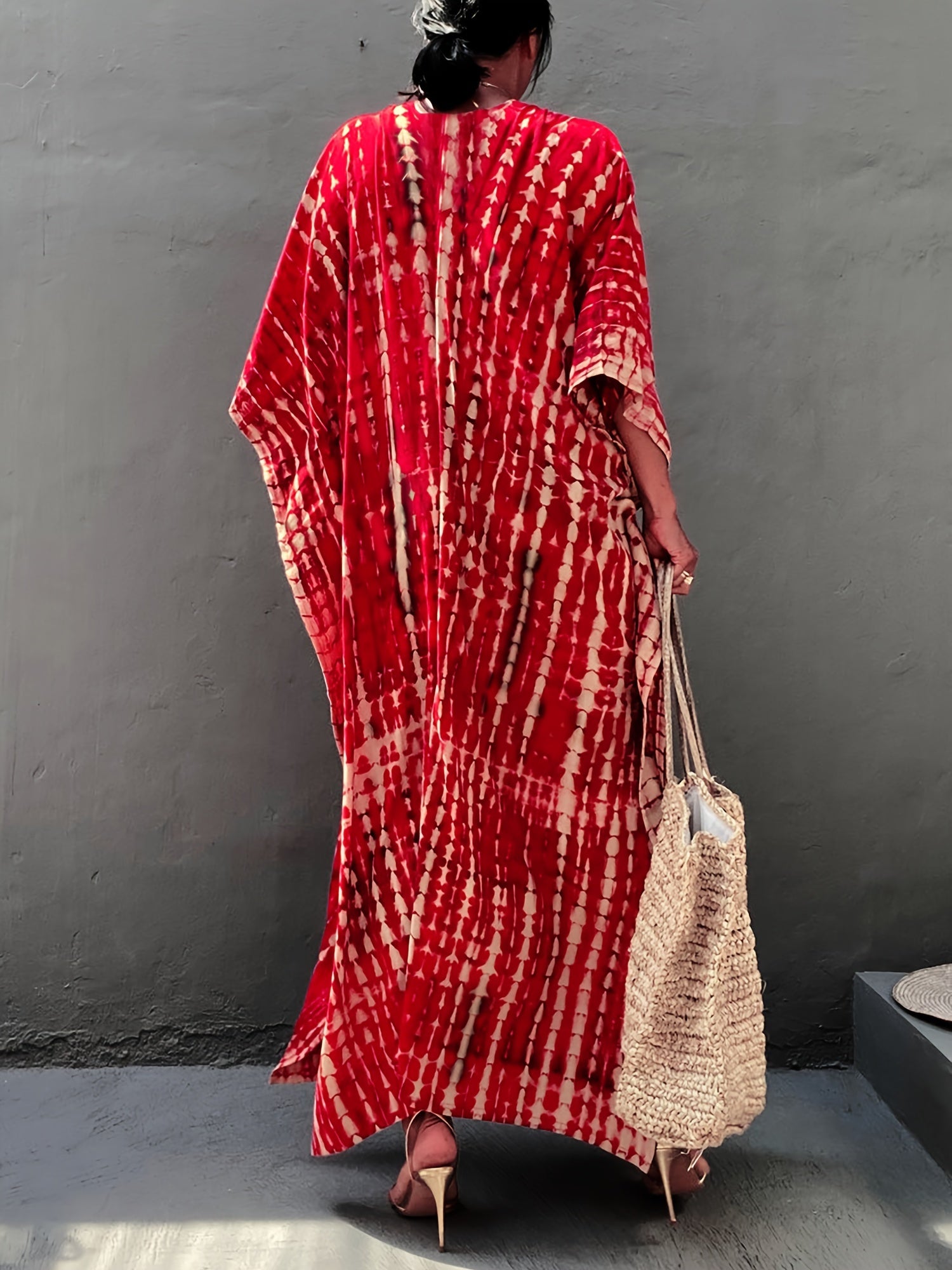 Plus Size Tie Dye Print Kaftan Dress Women V Neck Side Split Clothing