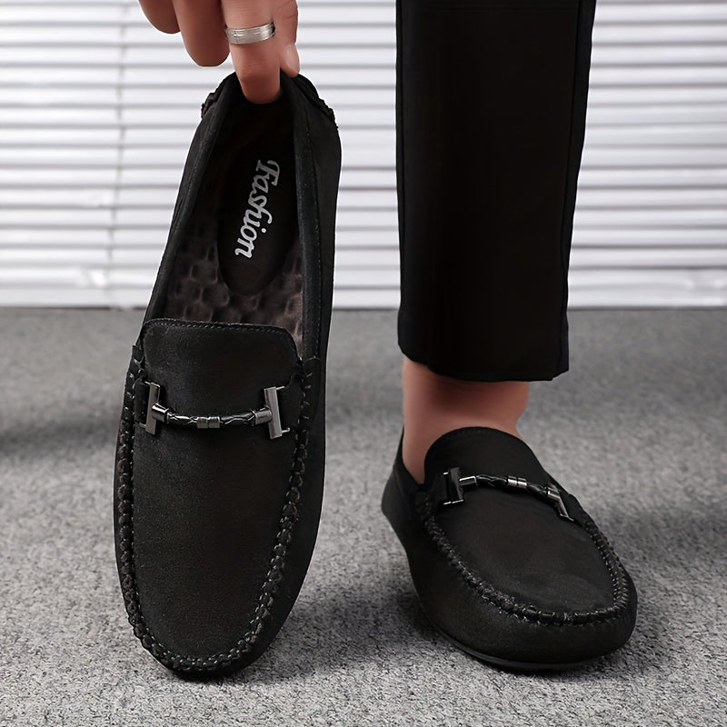 Men's Leather Loafers with Metal Accent Casual Slip-On Shoes for Street Wear