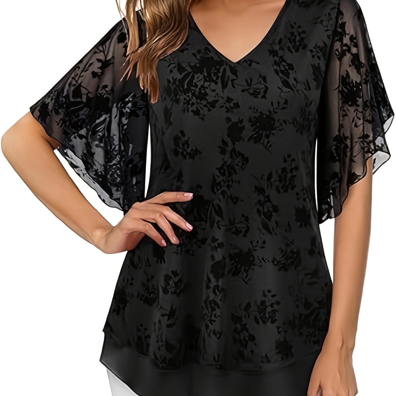 Women Plus Size Double Layer Mesh Elegant Blouses