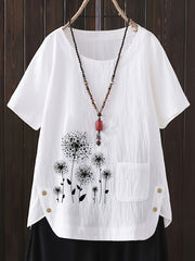 Plus Size Linen Shirt for Women Casual Short Sleeve Floral Woven Crew Neck