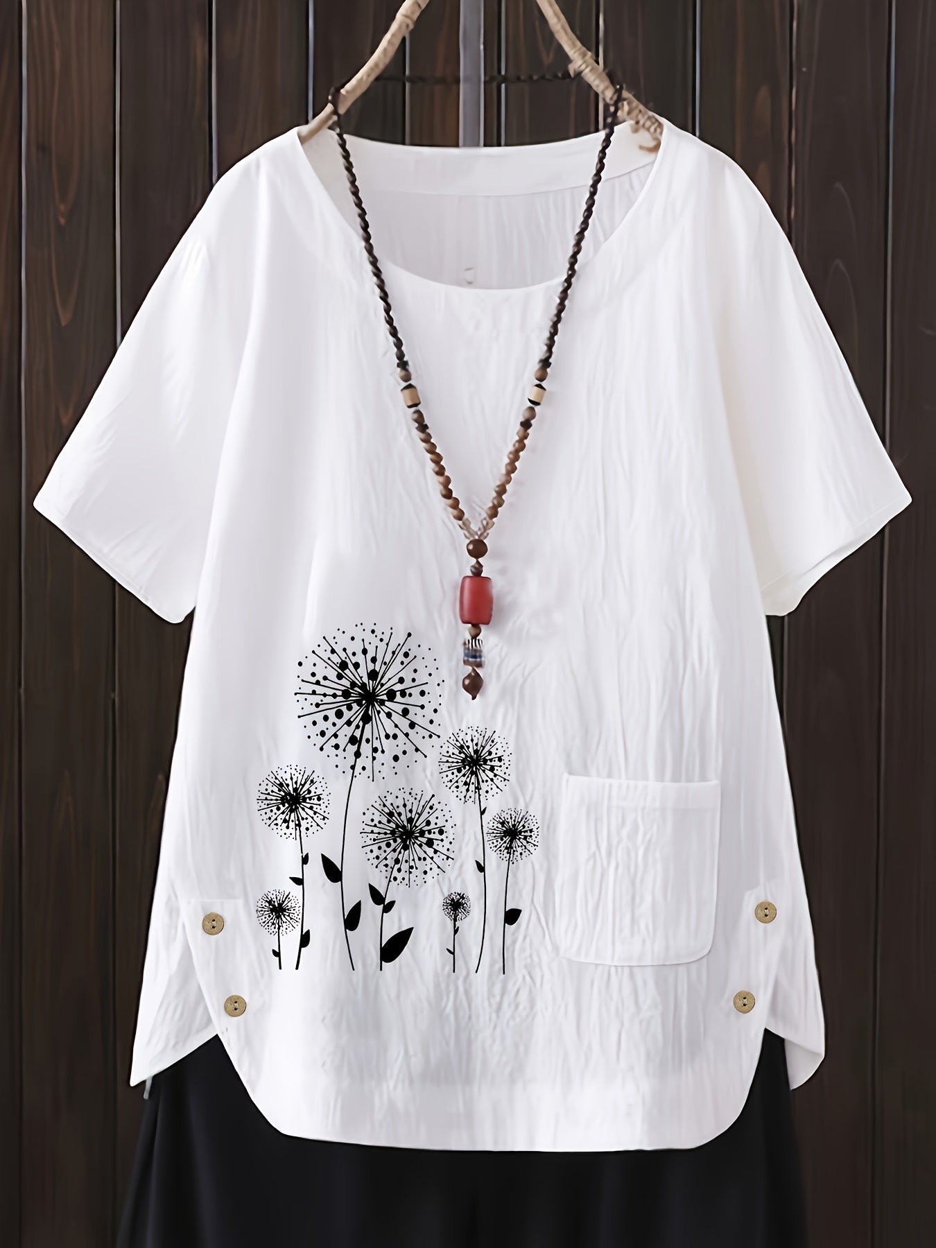 Plus Size Linen Shirt for Women Casual Short Sleeve Floral Woven Crew Neck