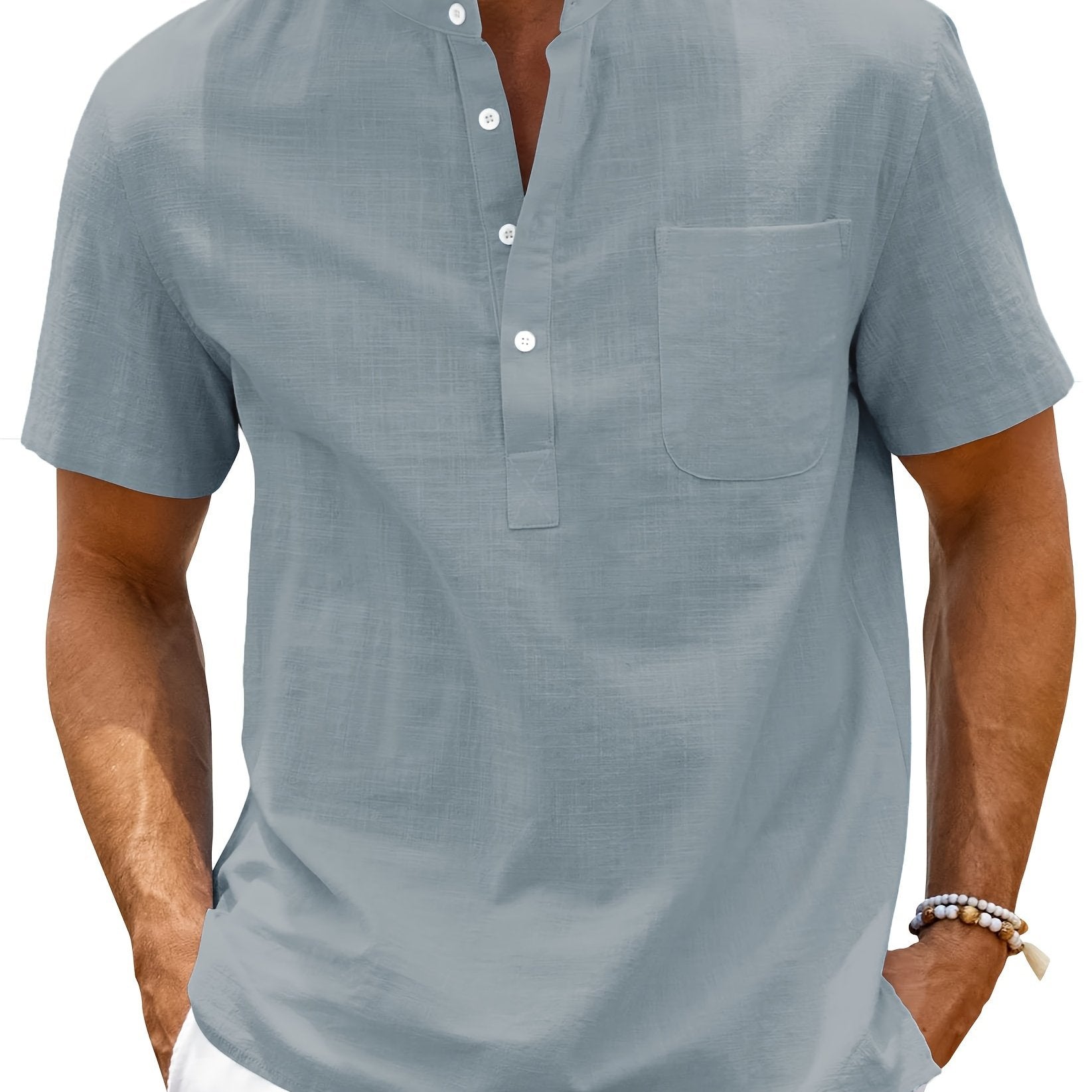Men's Cotton Blend Short Sleeve Shirt with Stand Collar Pocket Solid Plus Size