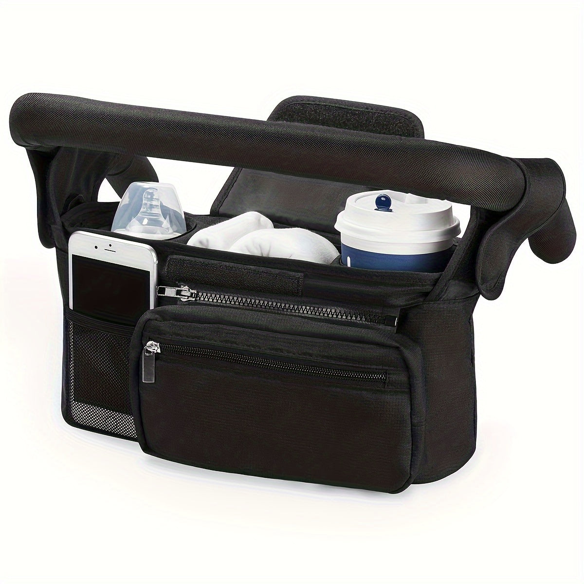 Black Stroller Organizer with Large Capacity and Multiple Pockets