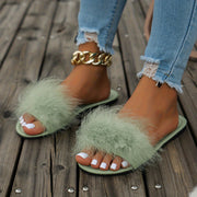 Women's Fluffy Feather Slides Open Toe Single Band Flats Casual Sandals