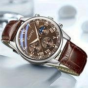 Reloj de cuarzo para hombre con correa de cuero sintético, caja de aleación, batería no recargable, moda, negocios, deporte