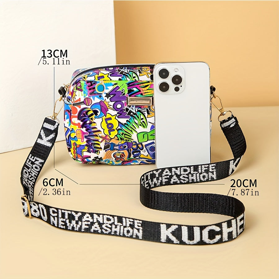 Women's Graffiti Print Crossbody Bag with Removable Strap Glitter Embellishment