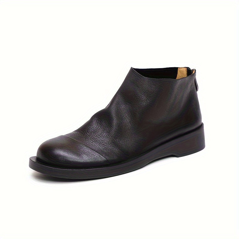 Women's Faux Leather Round Toe Zipper Short Boots with Low Heel and Ankle Support