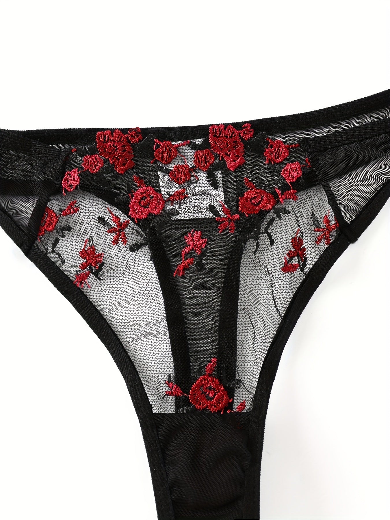 Women's Floral Embroidered Semi Sheer Lingerie Set with Bra and Thong