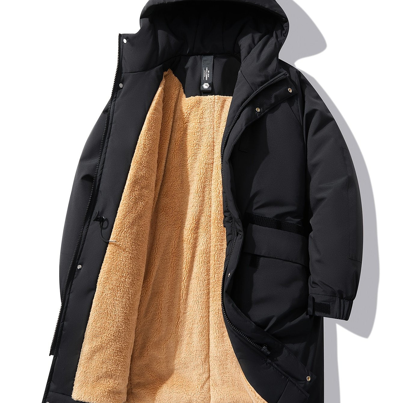 Men's Hooded Jacket with Fleece Lining Black and Orange Plus Size Polyester Casual Winter