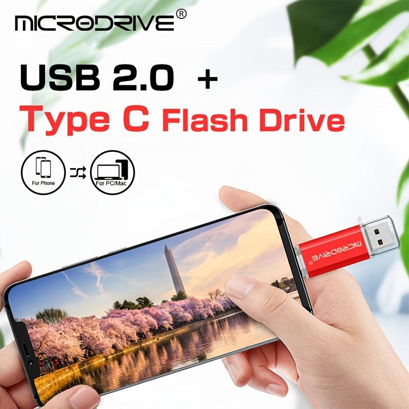 MICRODRIVE 2.0 USB-C Flesh Drayv - Yuqori tezlikdagi OTG xotira kaliti, muzlatilgan metall tekstura, 128GB/64GB/32GB/16GB, Noutbuk va smartfonlar bilan mos, Qizil/Qora, Qiziqarli dizayn