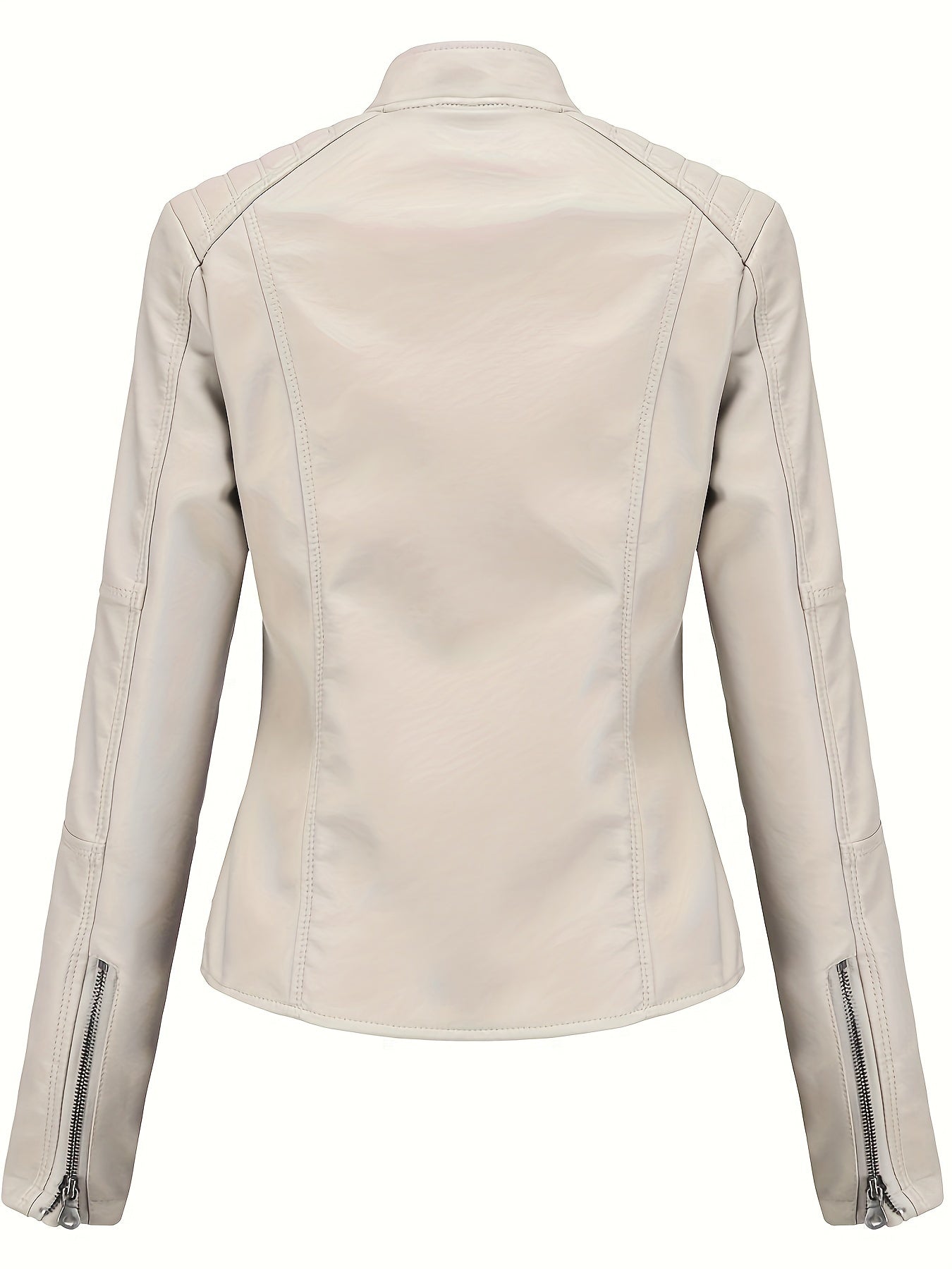 Women's Beige Biker Style Jacket for Spring Fall Zipper Stand Collar Pockets