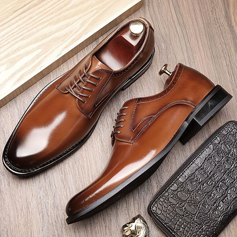 Мужские кожаные дерби-туфли однотонные с простым носком, нескользящая резиновая подошва, шнуровка, повседневные деловые