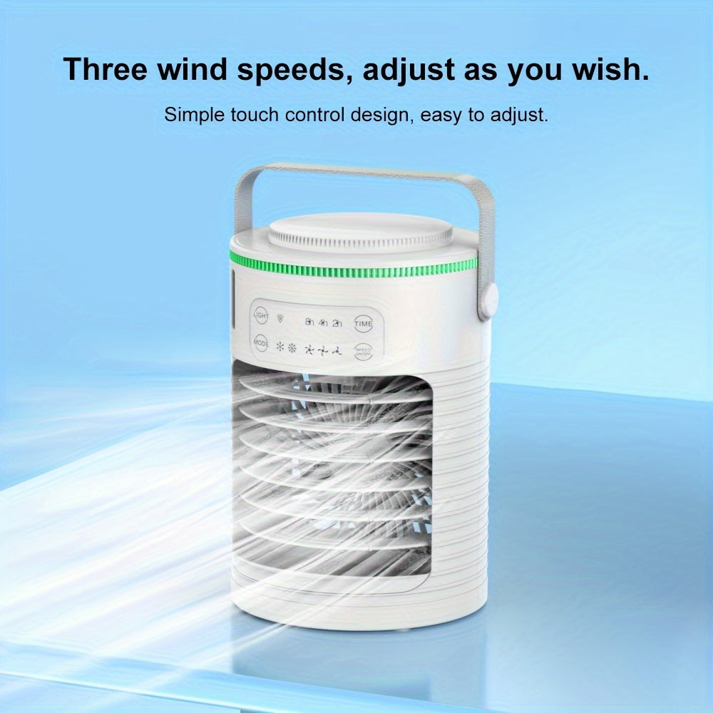 Rangli chiroqlar bilan portativ mist ventilyatori, 3 tezlik, USB quvvati, sensorli boshqaruv