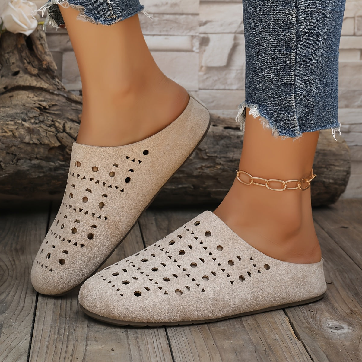 Women's Breathable Geometric Cut-Out Flat Mules Open-Toe Summer Sandals