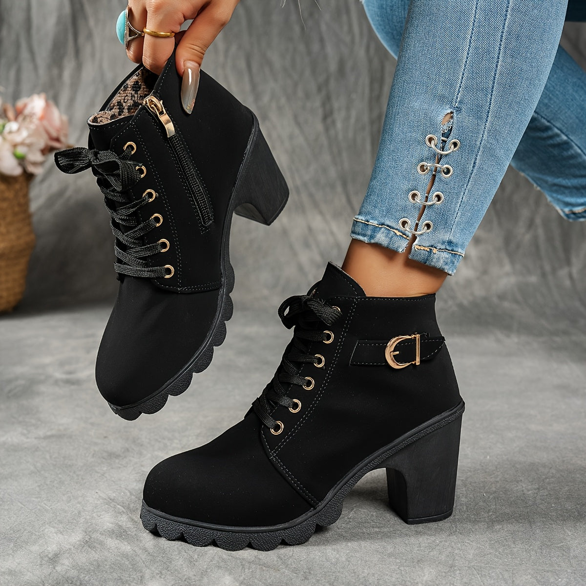 Women's Ankle Boots Faux Cover Side Zipper Chunky Heel All-Season Casual