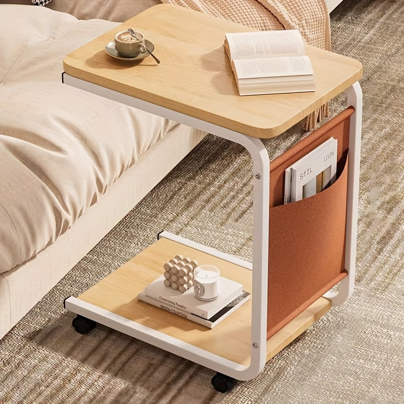 G'ayrioddiy va zamonaviy, g'ildirakli yon stol, oson ko'chiriladigan ko'p funksiyali aylanuvchi dizayn, tortib olinadigan divan yon shkafi, yashash xonasi uchun minimalist zamonaviy kofe stoli yoki