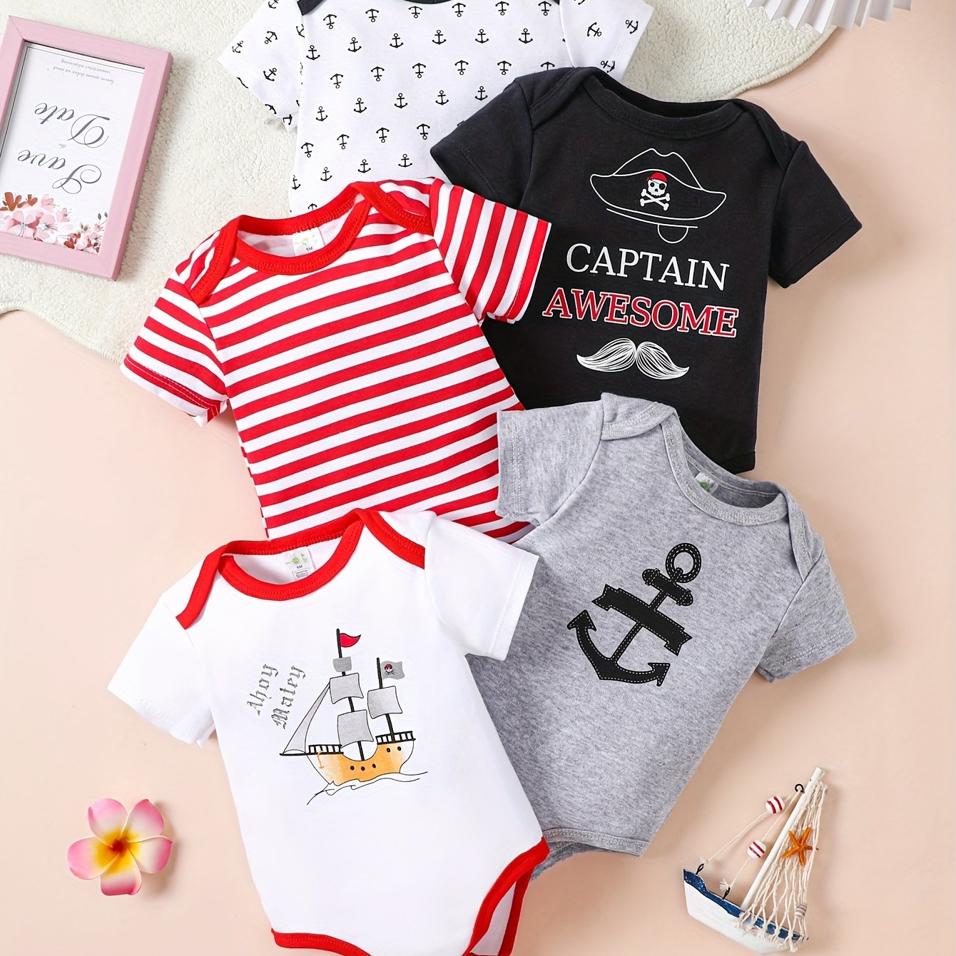 5pcs Baby Boys Marine Style Cotton Short Sleeve Bodysuits Summer Romper Set