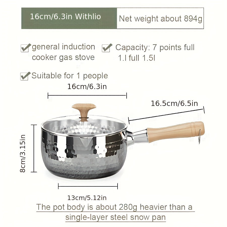 Small Stainless Steel Soup Pot 304 Brushed Finish Induction Compatible Wooden Handle