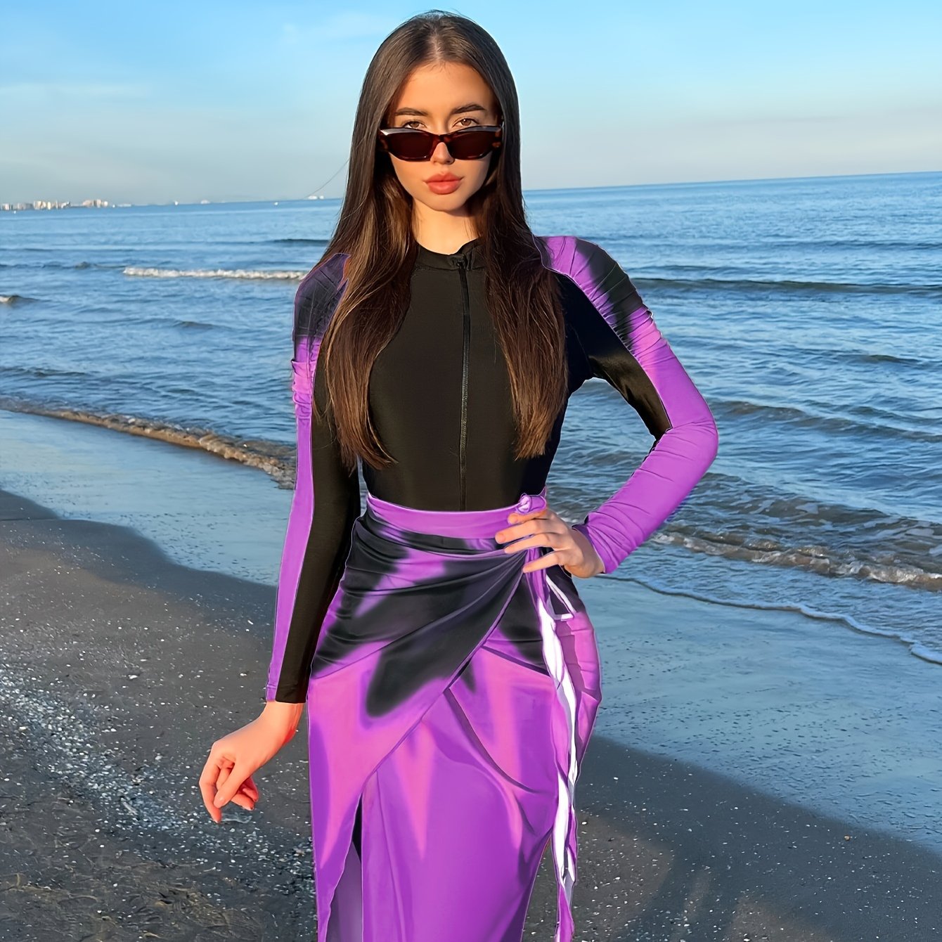 Girls Tie-Dye Print Swimsuit Set with Long-Sleeve Top and Skirt Cover-Up