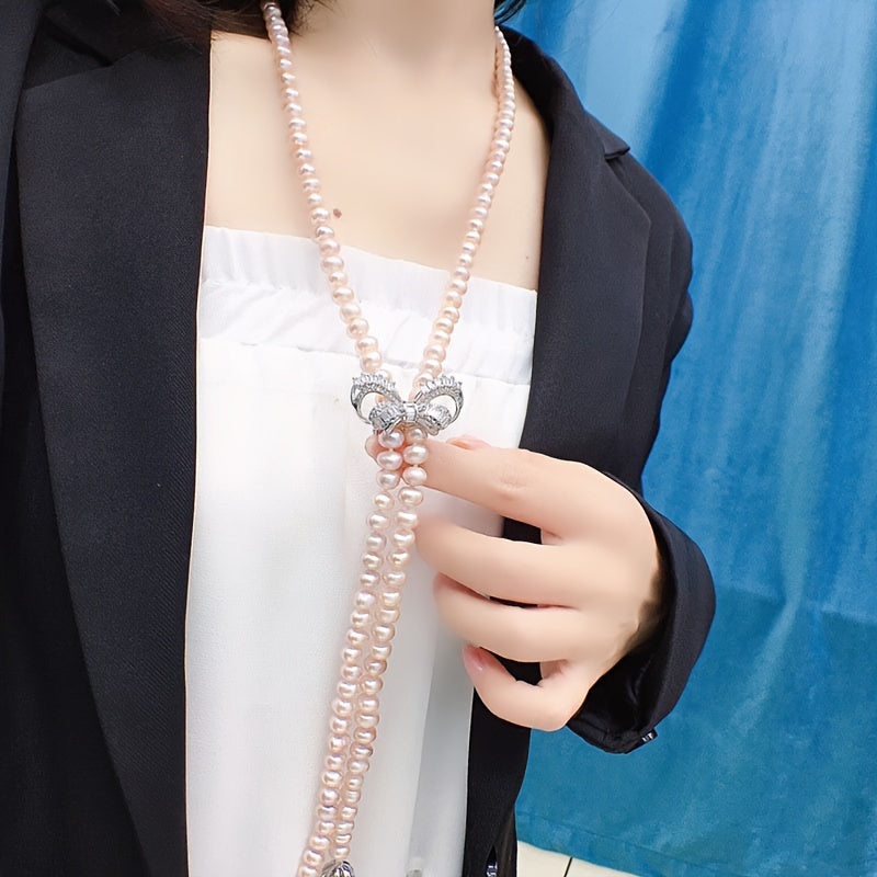 Freshwater Pearl Necklace with Cubic Zirconia Bow for Special Occasions