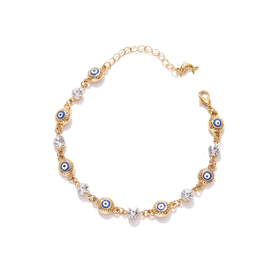 Gold-Plated Copper Alloy Bracelet with Rhinestones and Devil's Eye Accents for Women
