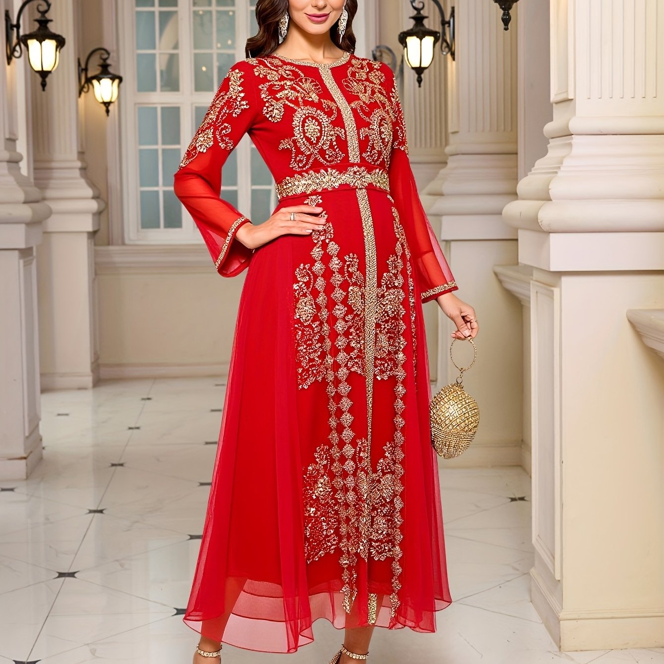 Women's Embroidered Beaded Gown Long Sleeve Formal Dress for Weddings