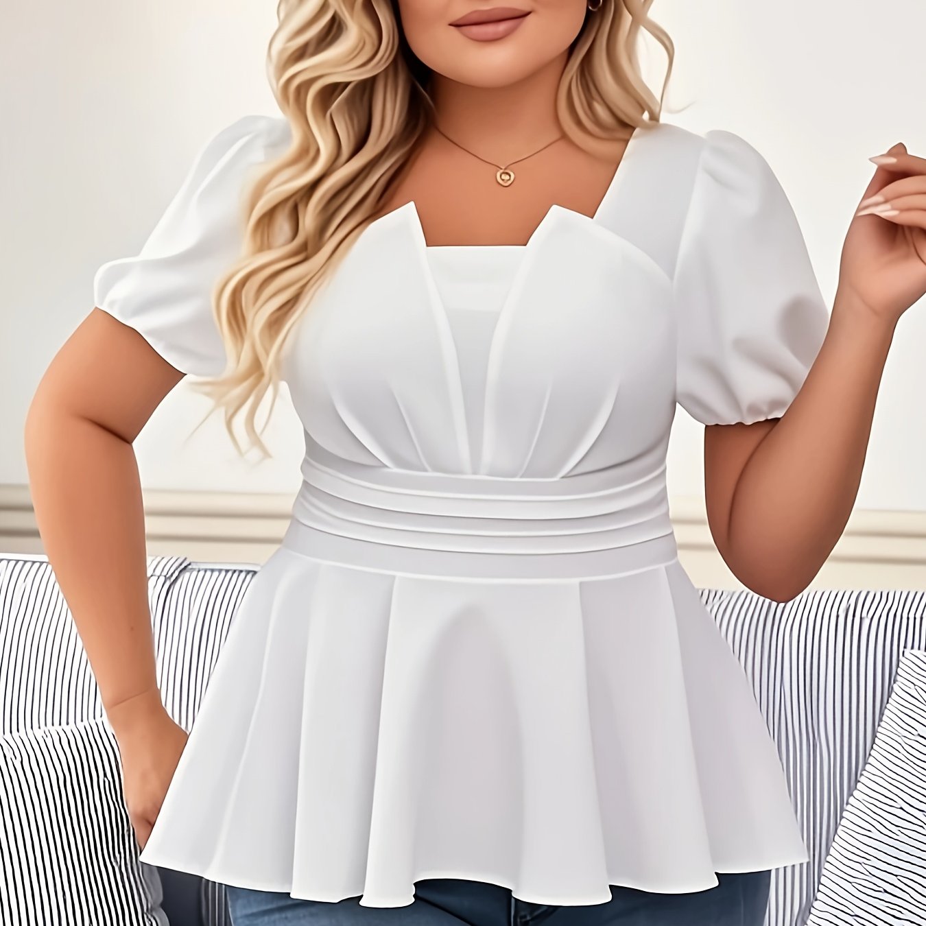 Plus Size Women's Blouse Short Sleeve Square Neck Soft Pink Flowy Top