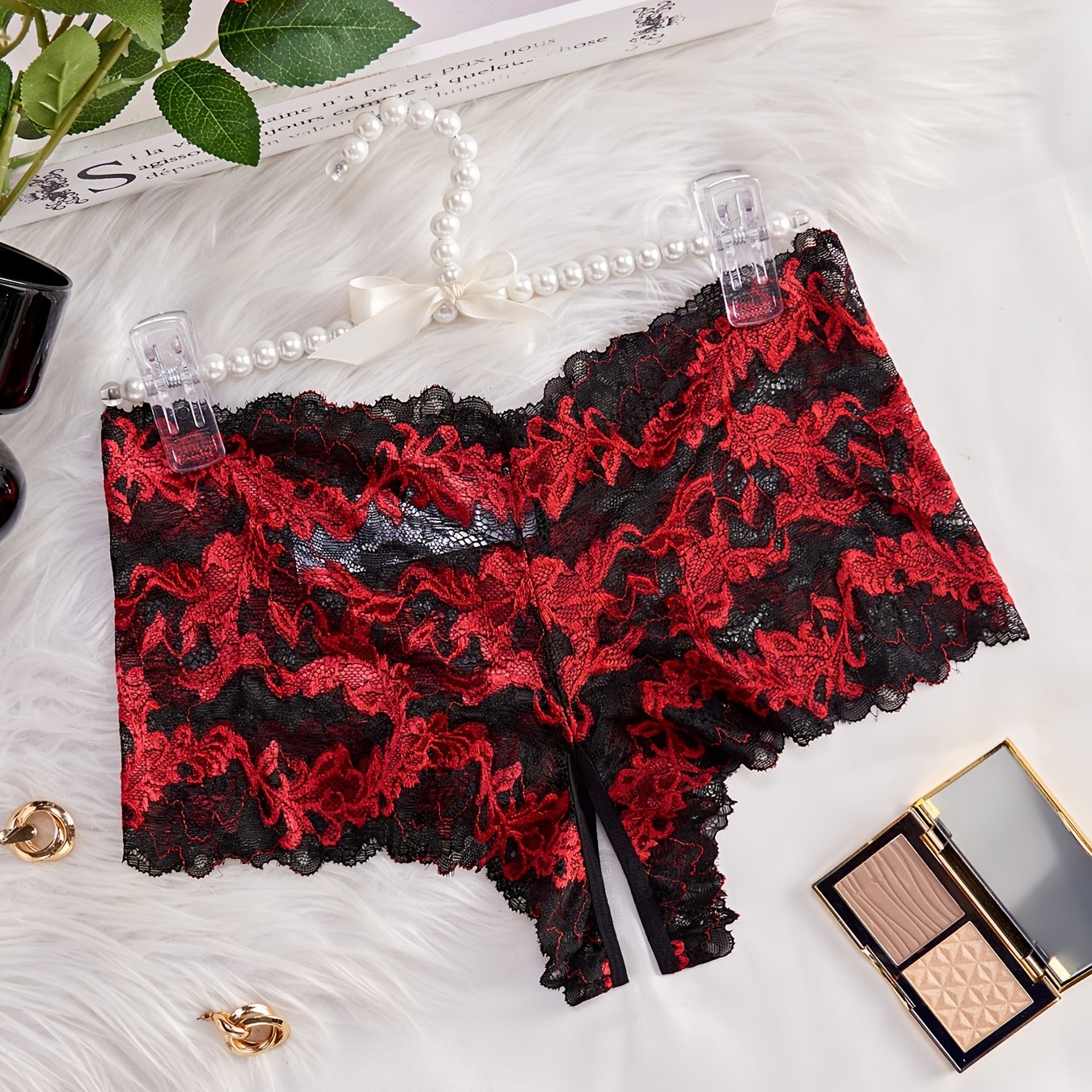 Women's Plus Size Lace Trim Mid-Rise Panties Red and Black Contrast Stretch Underwear