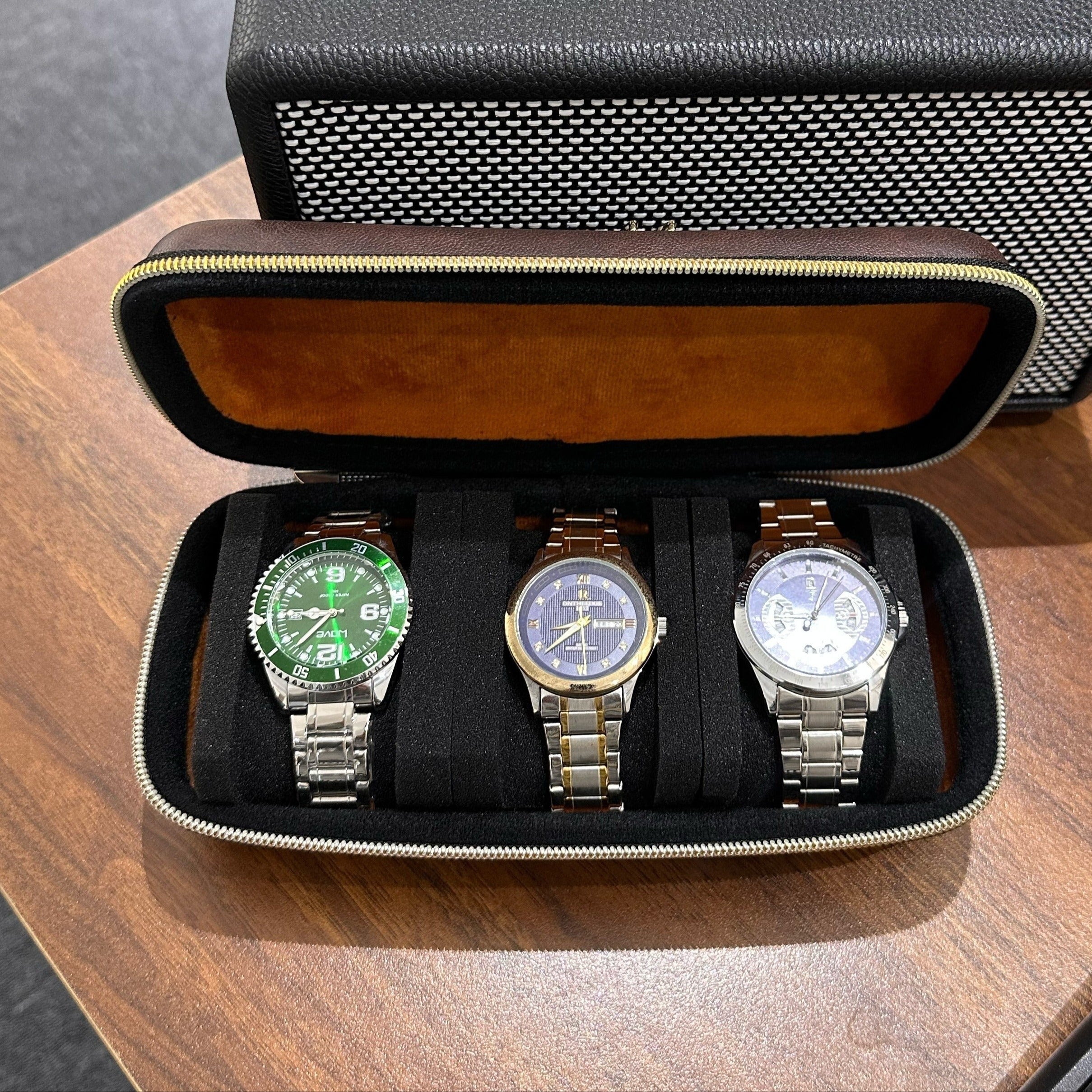 Black Watch Travel Case with 3 Slots, Watch Roll Organizer for Men Women